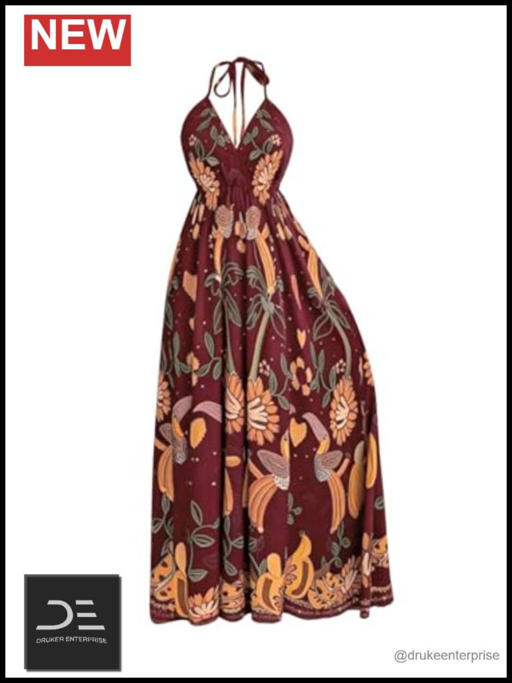 Women's Floral Halter Smocked Boho Maxi Dress Sleeveless